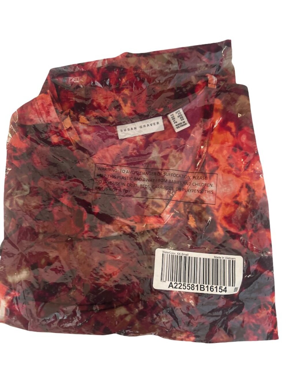 Susan Graver Liquid Knit V-Neck 3/4 Sleeve Top Shirt Watercolor Red XXS A225581